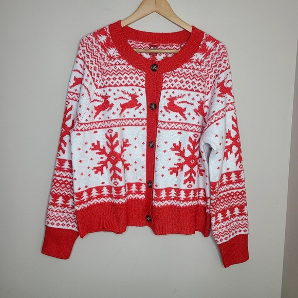 Dec 25th Sweaters - Dec 25th Red White Button Down Christmas Holiday Soft Cardigan Size XL